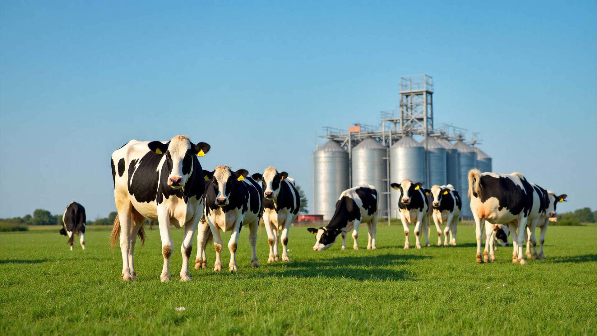 Ganado Holstein en campo con silos de granos para nutrición animal